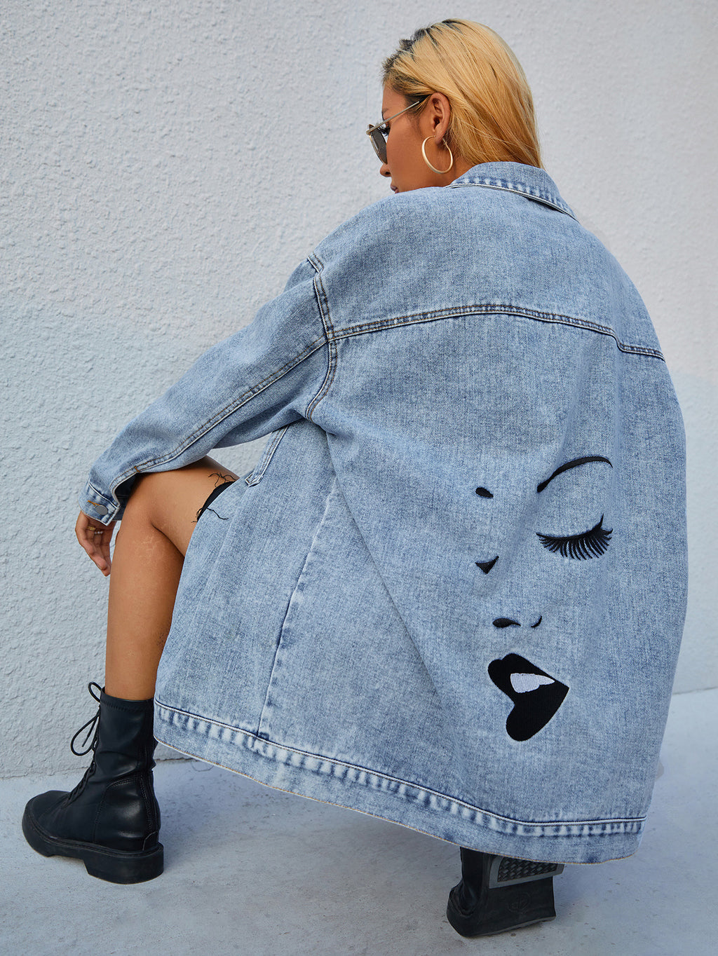 Veste longue en jean bleu slim pour femme