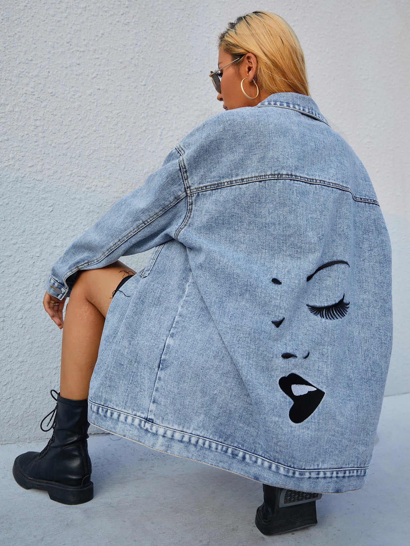 Veste longue en jean bleu slim pour femme