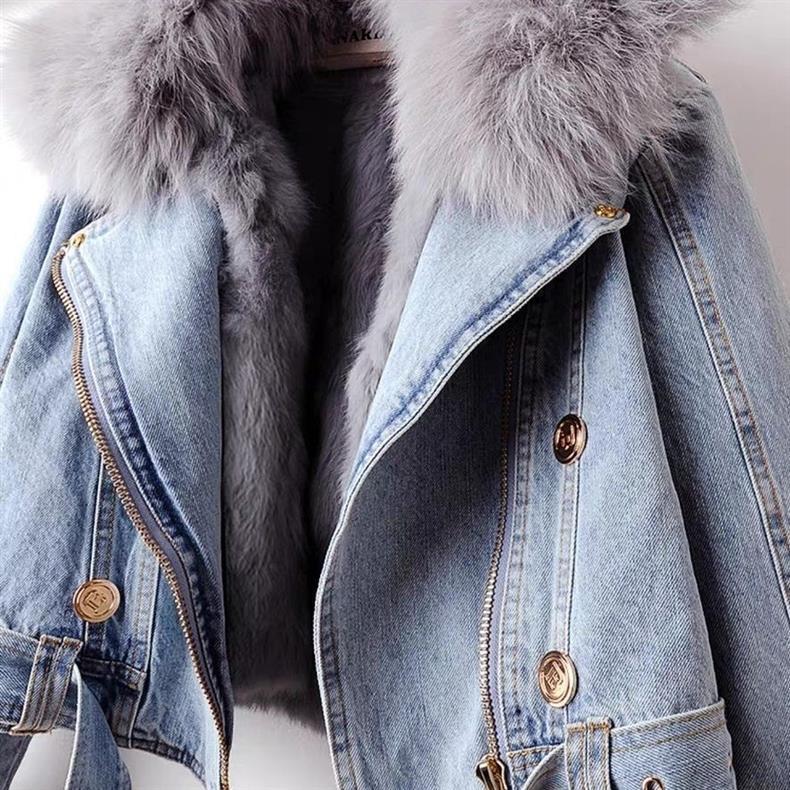 Detachable Fox & Rabbit Fur Liner Denim Coat in Blue