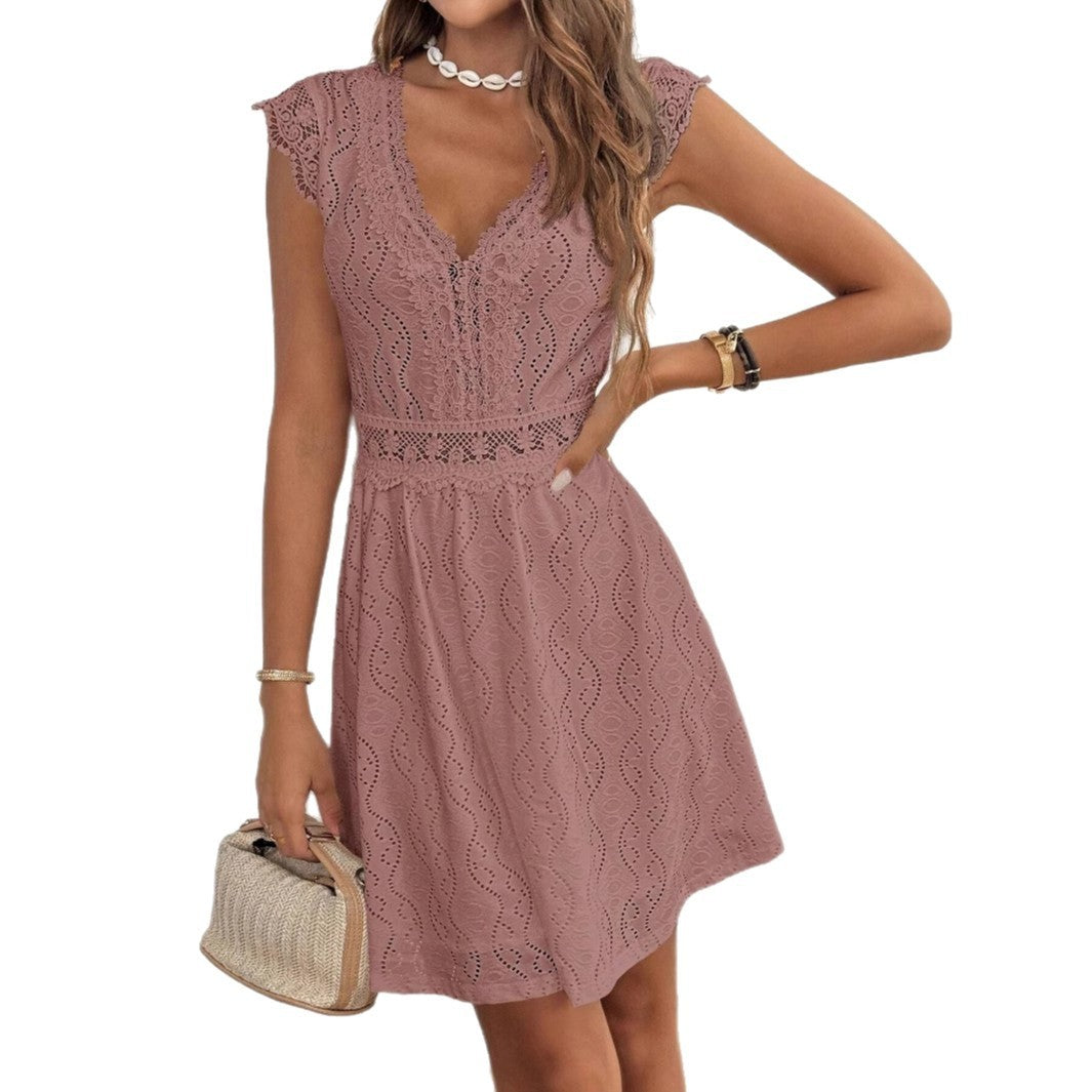 Knitted Jacquard Hollow Out V-neck Stretch Lace Skirt Dress