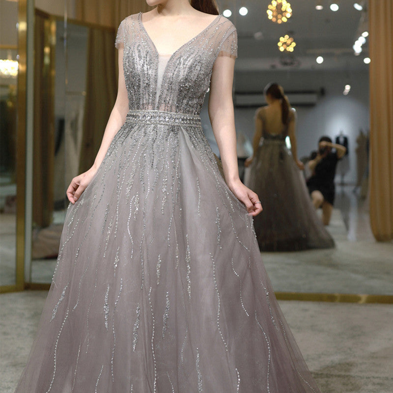 Women's Noble Slim Mesh High-End Evening Dress in Gray Champagne Gold