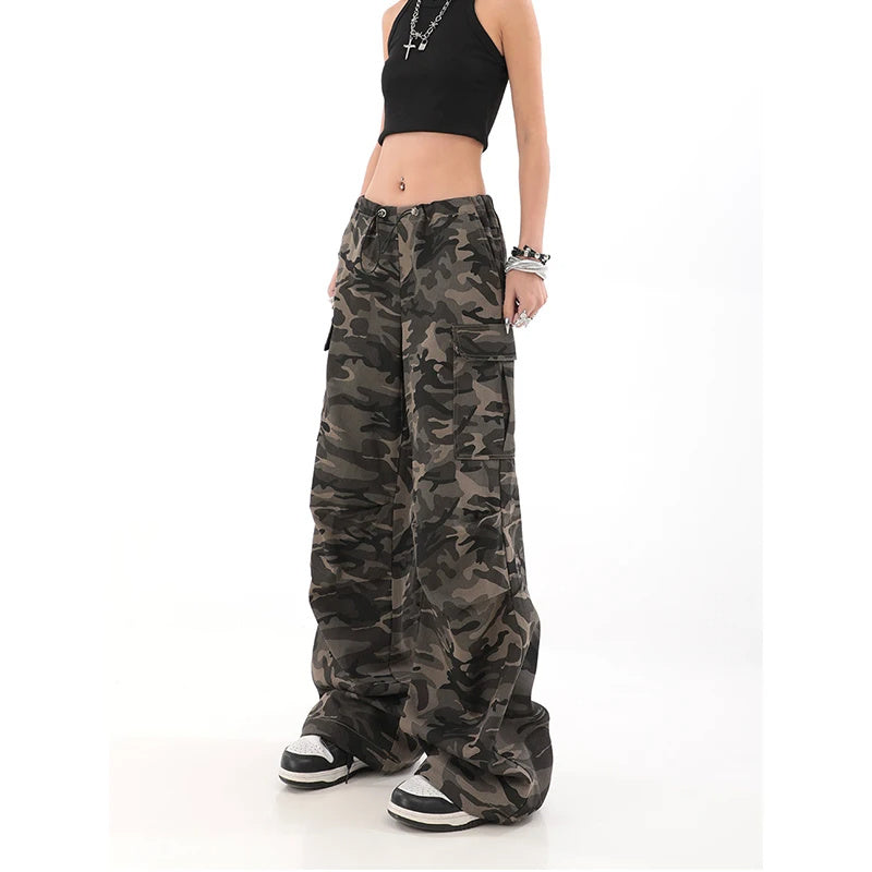 American Retro Women's Camouflage Denim Cargo Pants Summer Loose High Waist