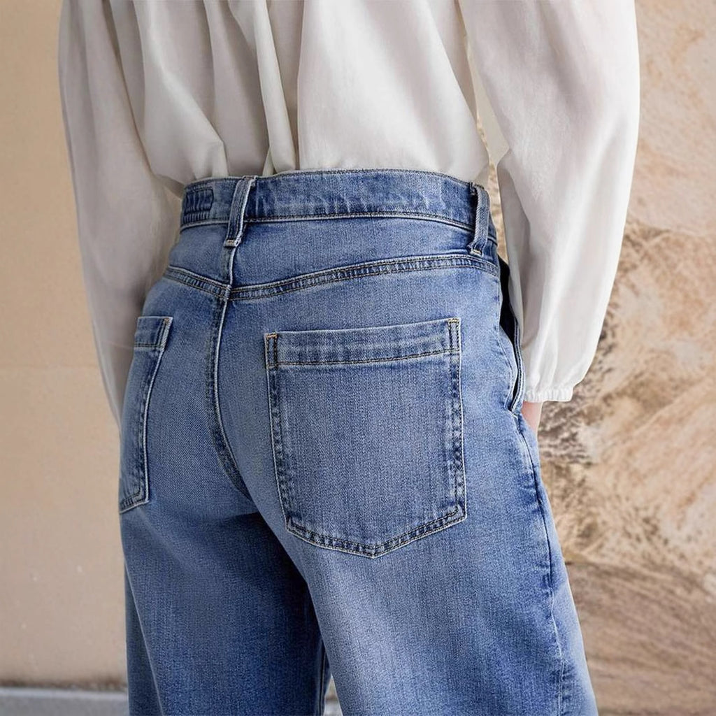 Blue Embroidered High Waist Elastic Straight Denim Pants