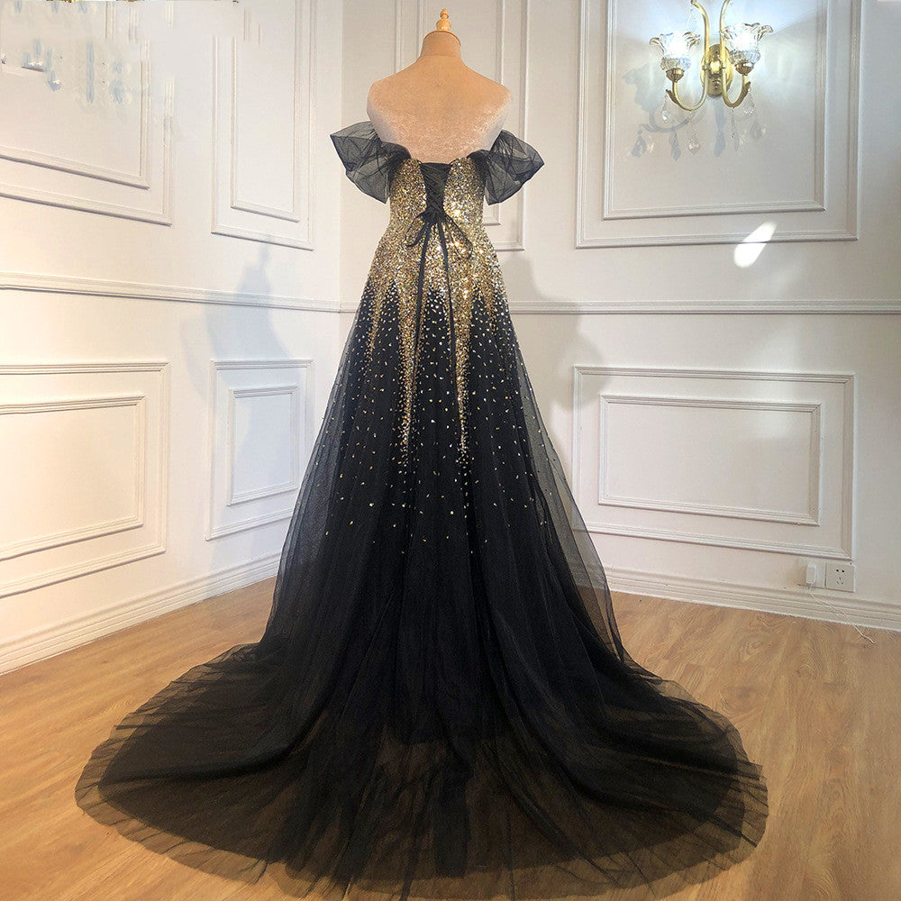 Black Gold Strapless One-Shoulder Evening Wedding Dress for Bride