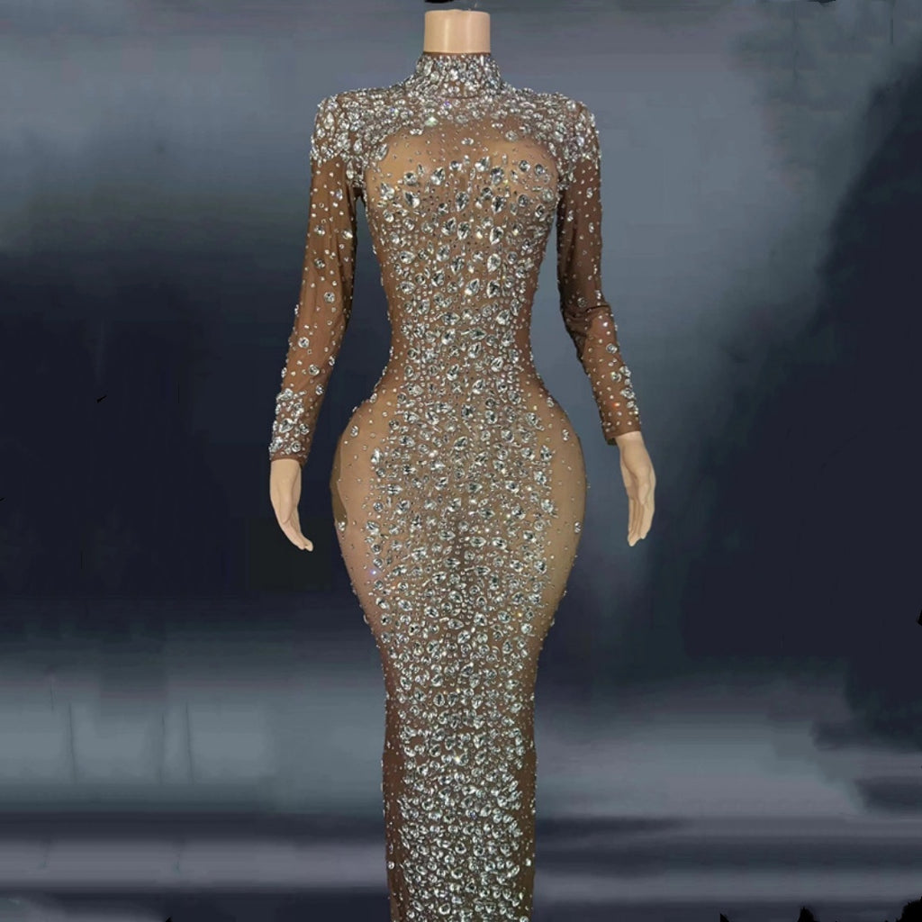 Robe de bal moulante à manches longues et strass pour femme