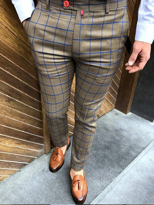 Autumn Men's Plaid Casual Suit Pants Straight Fit