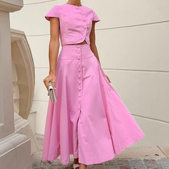 Ensemble tailleur-pantalon rose coton à taille haute et décolleté en V avec jupe longue