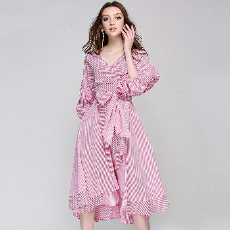 V-Neck Lace-Up Stripe Dress in Pink & Navy, S-XL