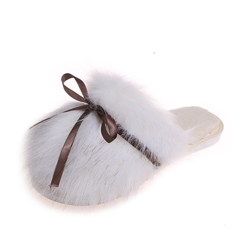 Bowknot Cotton Plush Half Shoes with Rubber Sole for Outdoor Wear