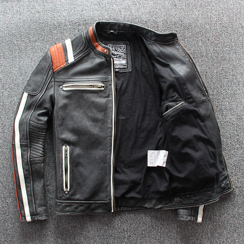 Men's Gray Cow Leather Motorcycle Jacket with Standing Collar