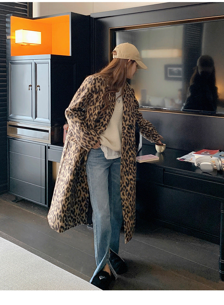 Women's Long Winter Leopard Print Woolen Coat