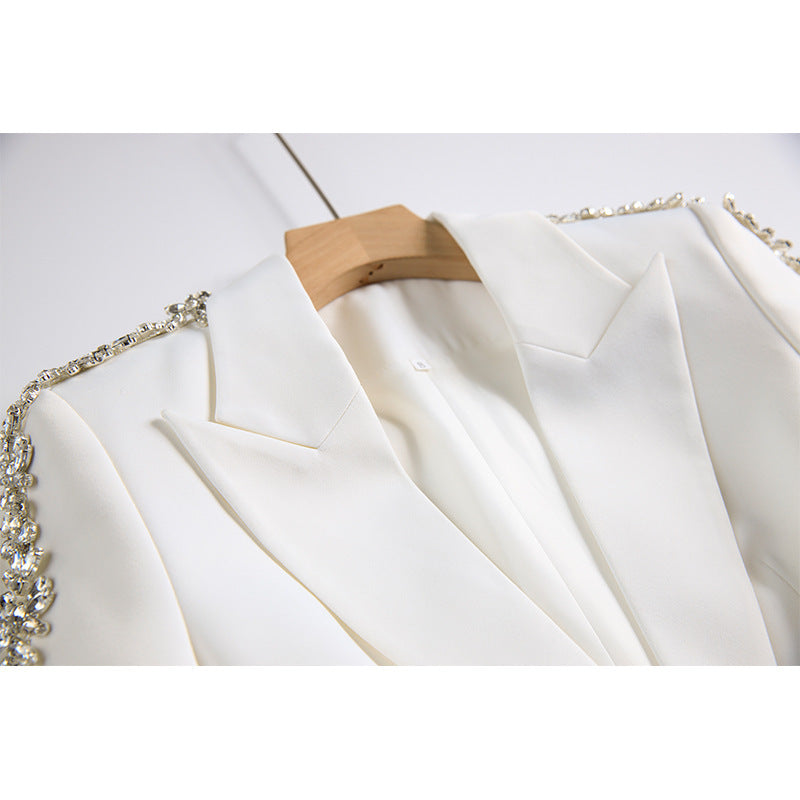 Medium Length Suit Coat with Wide Leg White Polyester Trousers
