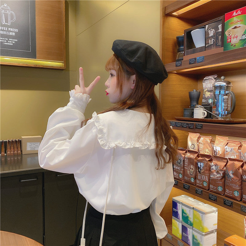 Jk Uniform Sweet Doll Collar Long Sleeve Top White Apricot One Size