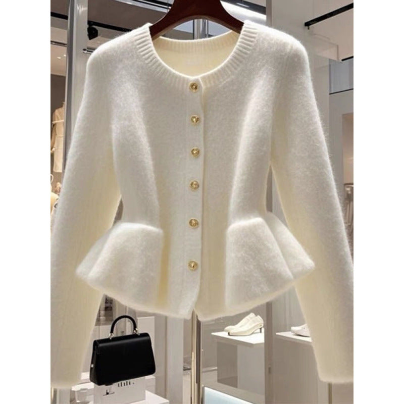 High-Grade White Waist-Tight Sweater Cardigan