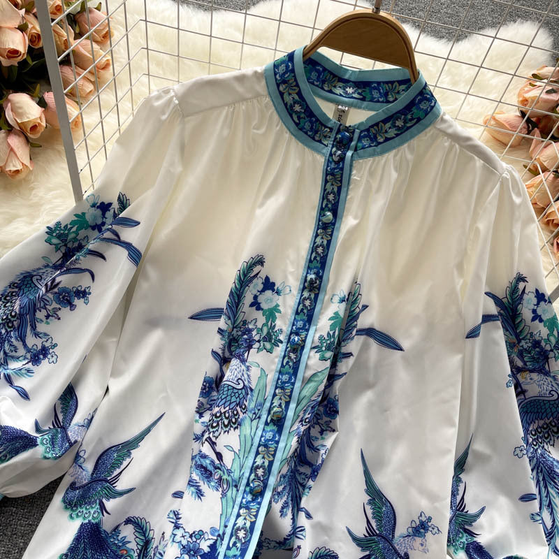 Printed Lantern Sleeve Slim Fit Small Stand-Up Collar Ladies Shirt