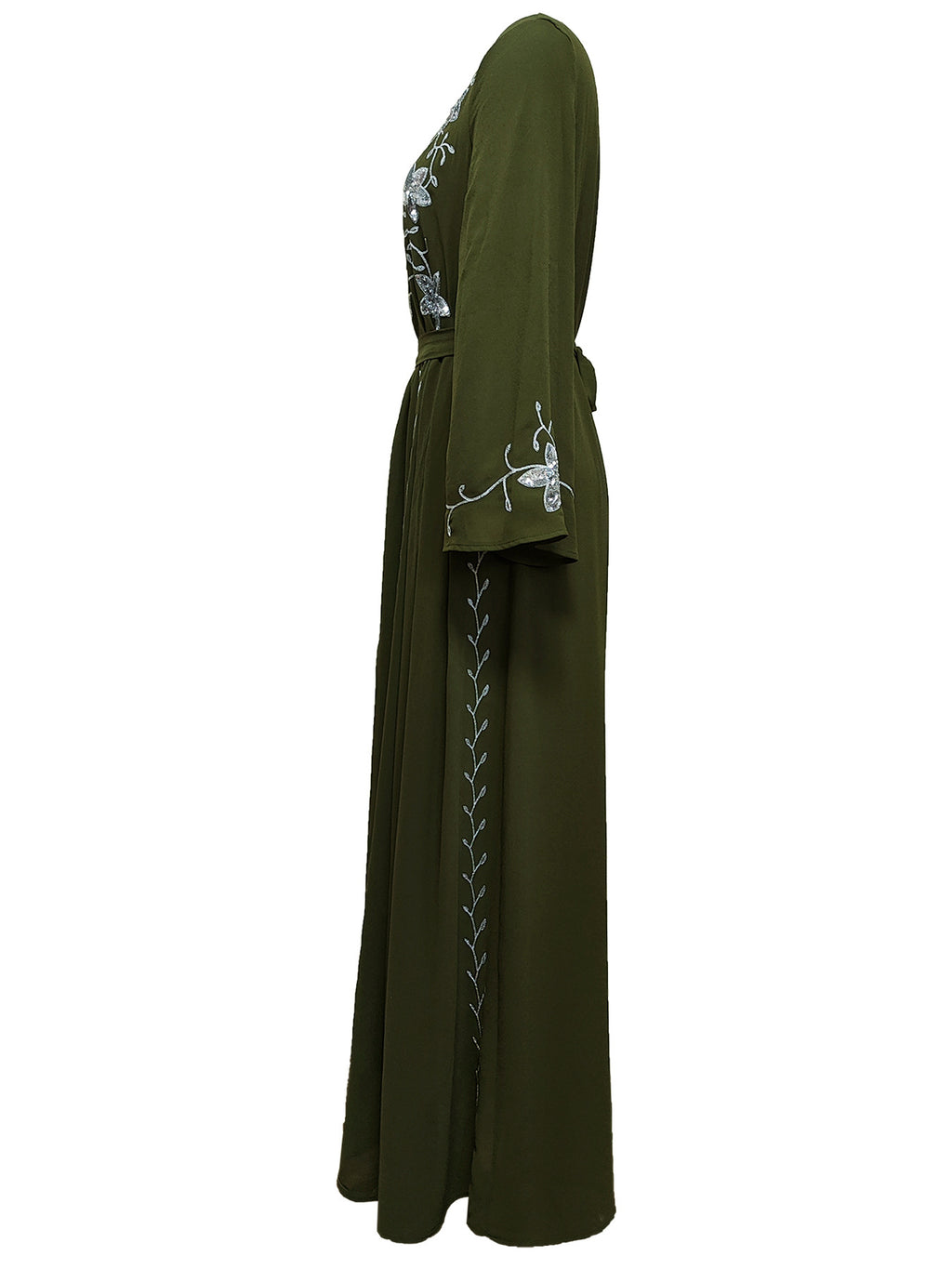 Robe de soirée élégante à broderies et appliqués avec ceinture, manches longues, jupe longue