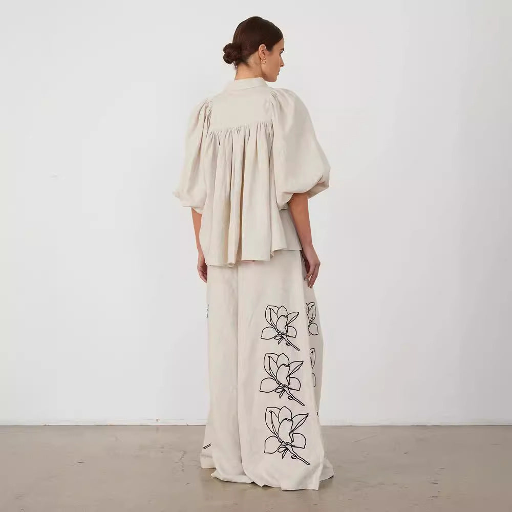 Cotton Linen Embroidered Wide-Leg Pants Suit with Puff Sleeve Top