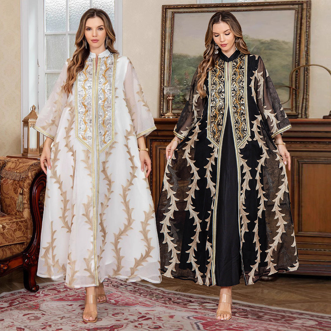 Robe longue brodée en maille résistante à manches longues pour femme