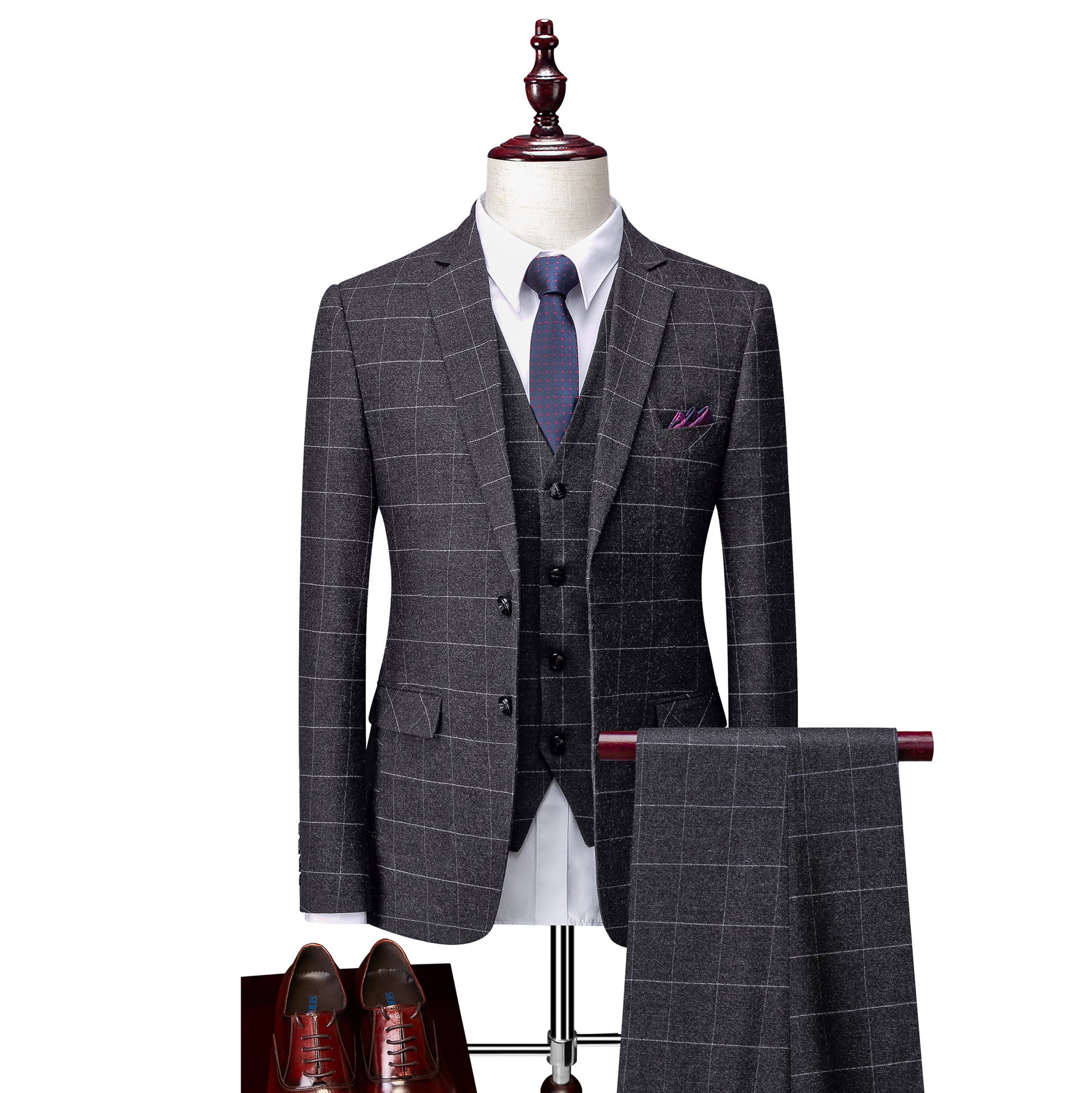 Men's Slim Fit Dark Grey Business Wedding Groom Suit Polyester