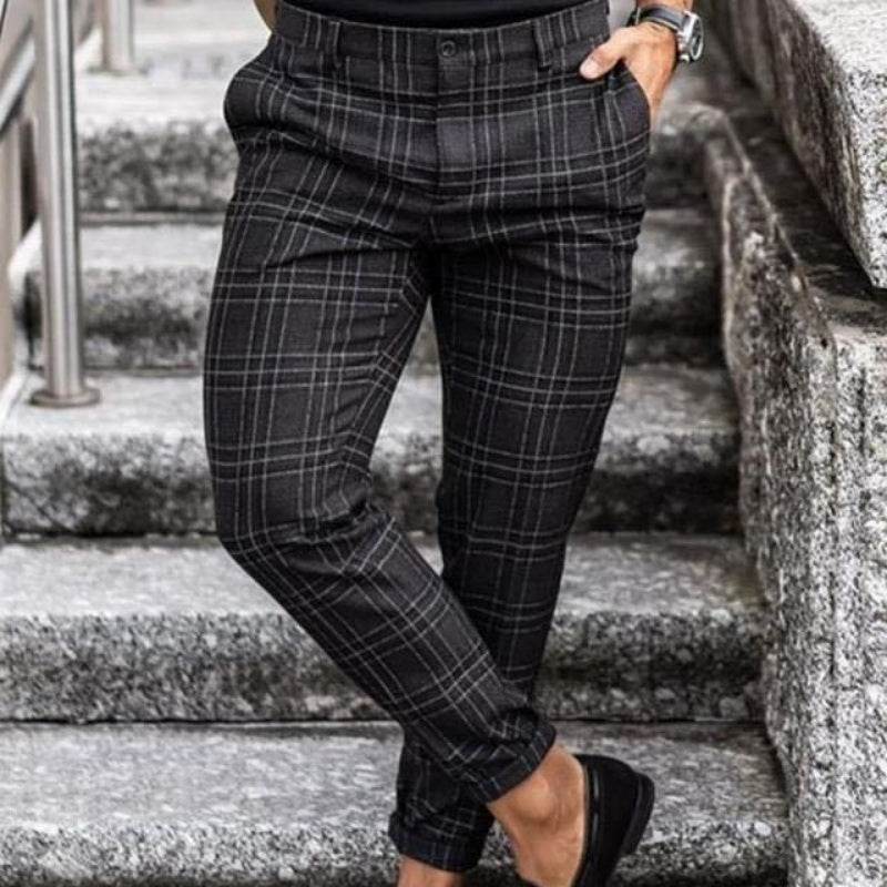 Men's Loose Thin Casual Plaid Trousers Mid-Waist Small Feet Pants