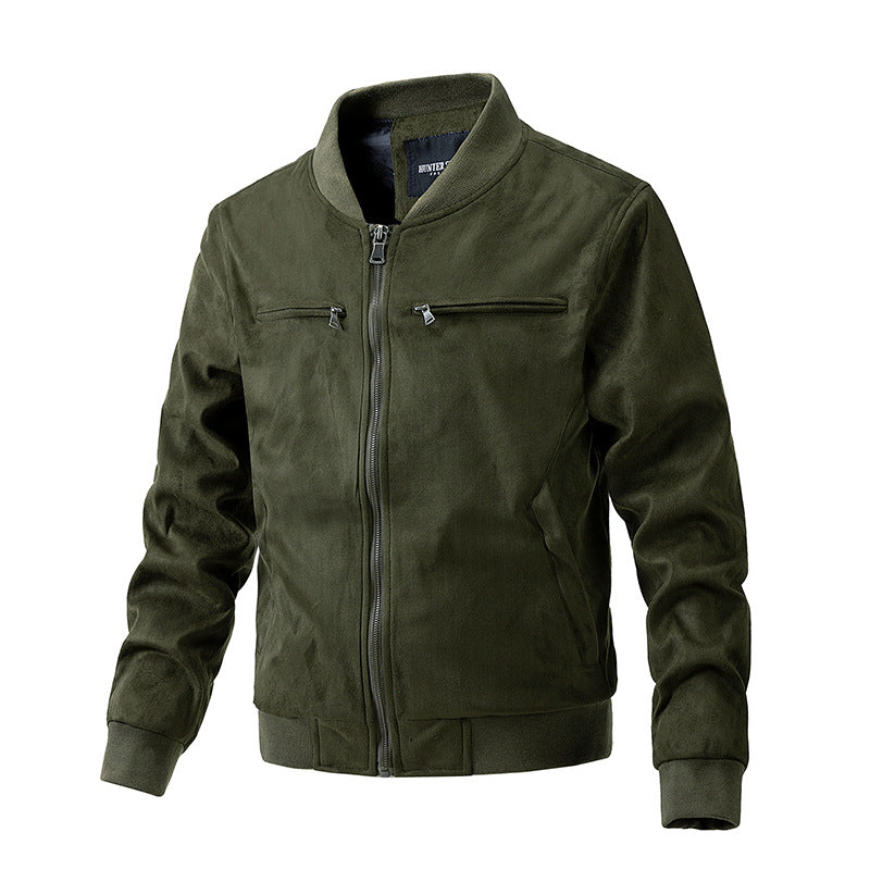 Men's Suede Stand Collar Jacket with Double Zipper Pockets