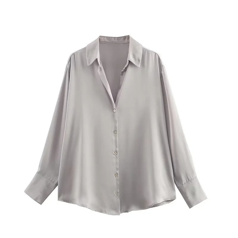 All-match Silk Satin Texture Draping Long-sleeved Shirt For Women