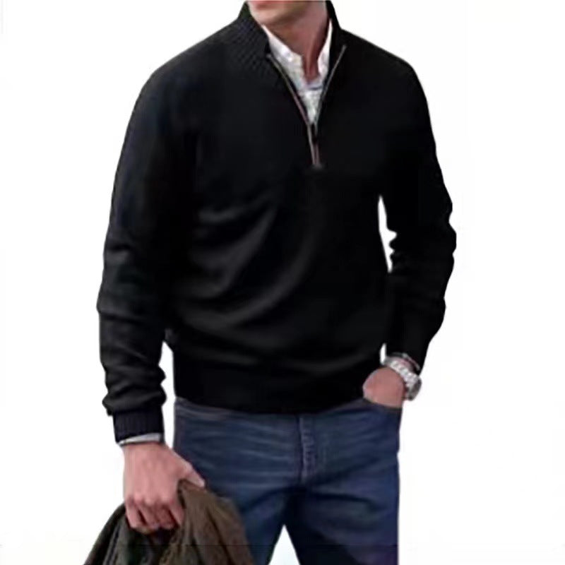 Men's Pullover Zipper Sweater Stand Collar Knitted Casual Solid Color Top