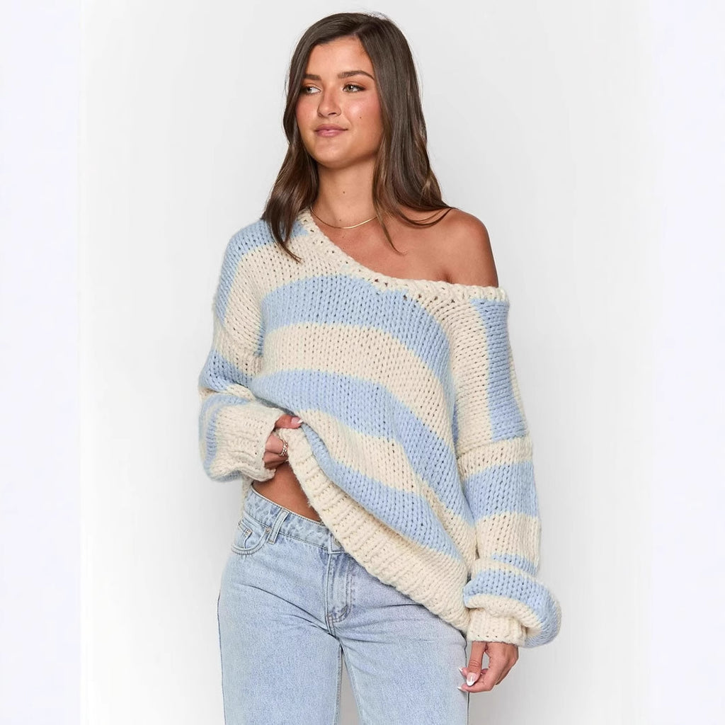 Loose Knitted Pullover Sweater with Oblique Shoulder for Fall Winter