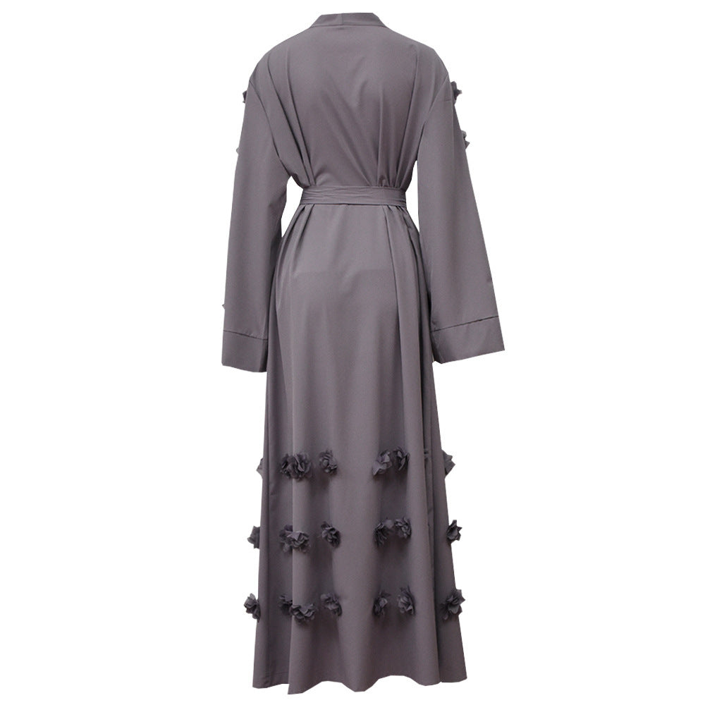 Loose Cardigan Three-dimensional Floral Lace Up Robe for Middle Eastern Women