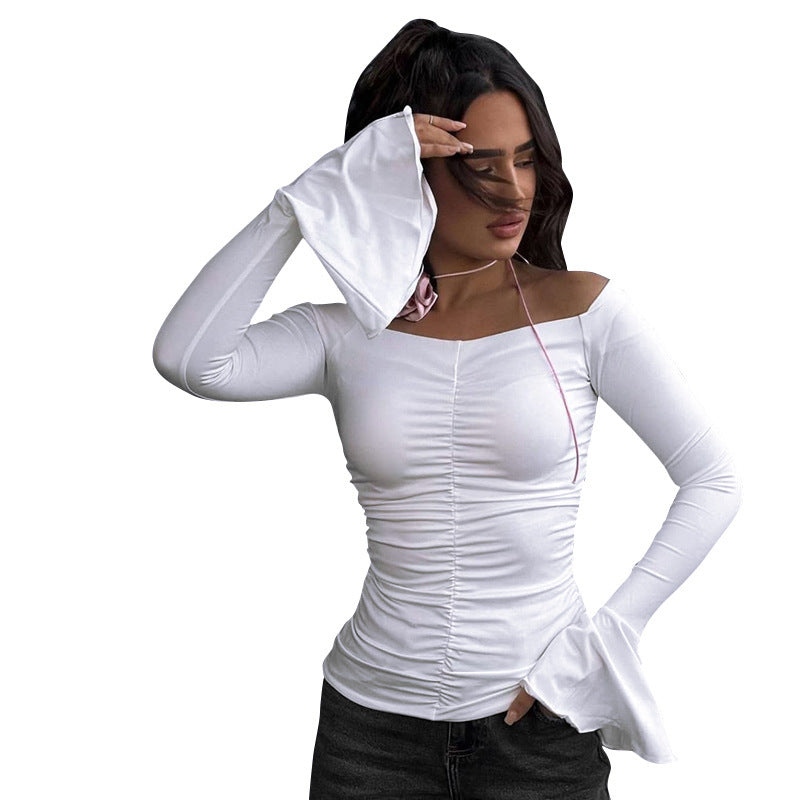 Haut moulant femme plissé à la taille et aux épaules dénudées