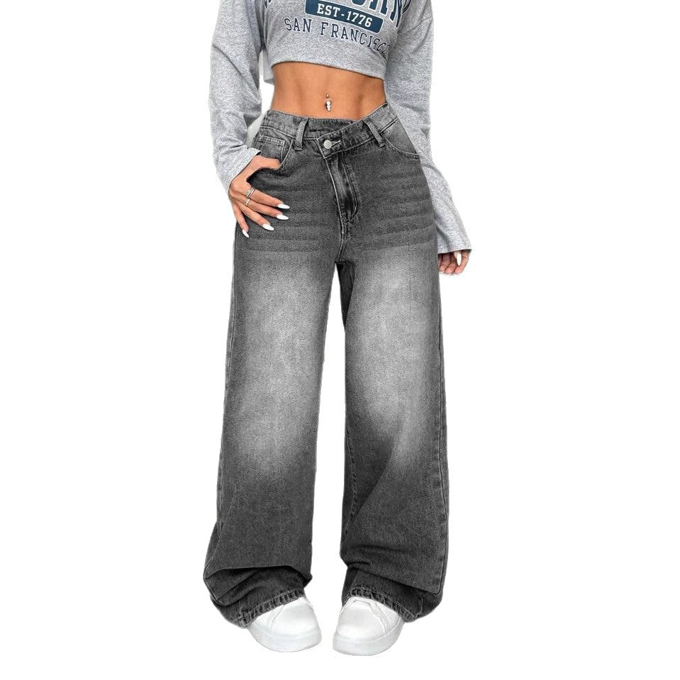 Women's High Waist Dark Gray Loose Straight Jeans