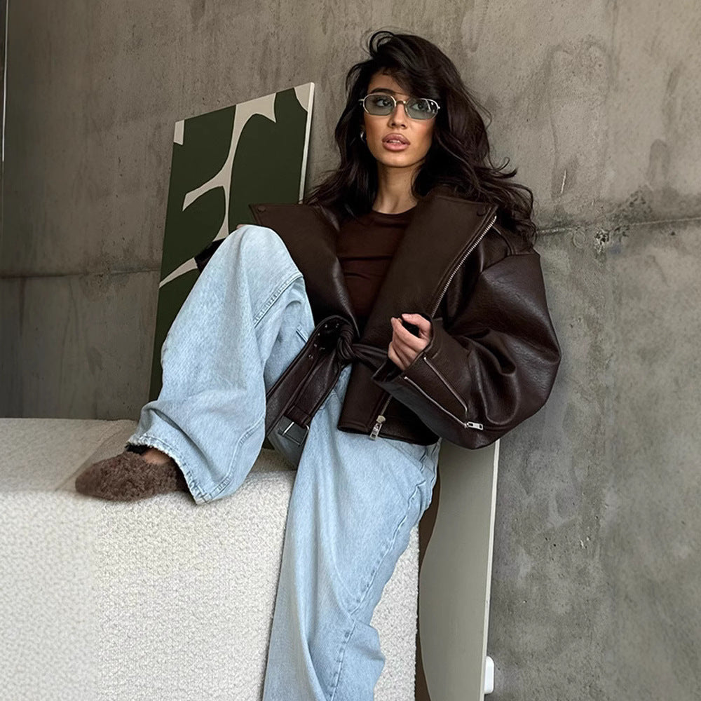 Women’s Brown Short Lace-Up Leather Coat, Sizes S-XL