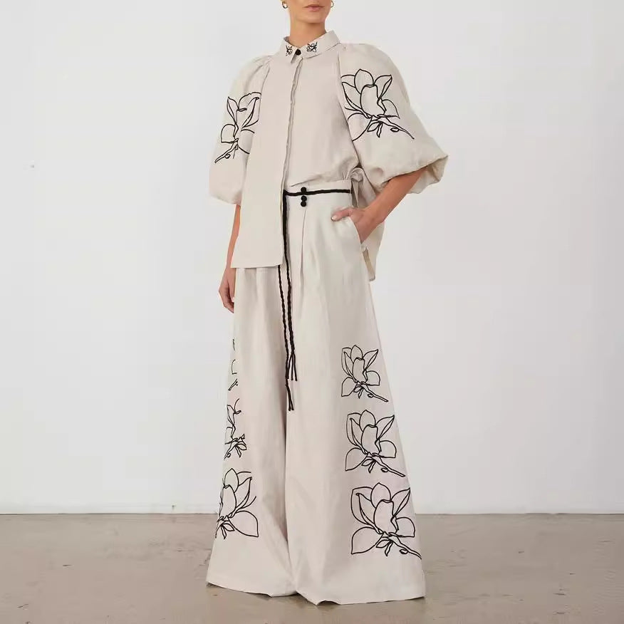 Cotton Linen Embroidered Wide-Leg Pants Suit with Puff Sleeve Top