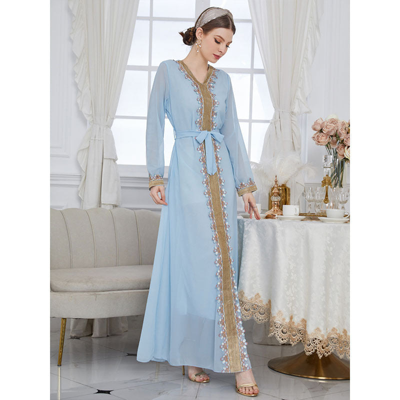 Solid Color Lace Patchwork Receive Waist Chiffon Blue Dress For Women