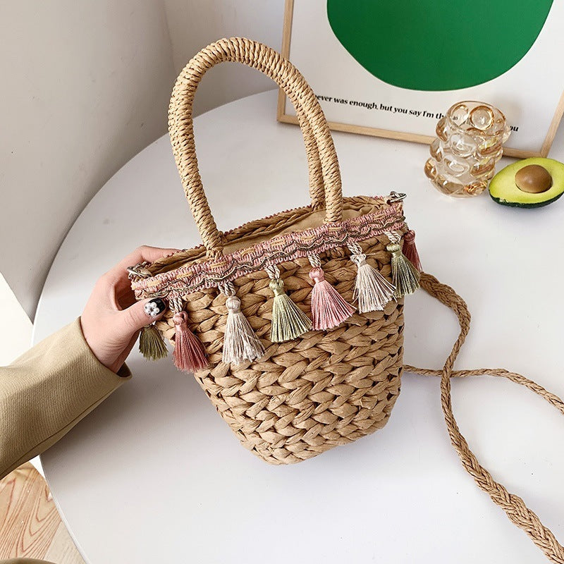 Tassel Straw Woven Bucket Bag with Single Shoulder Strap