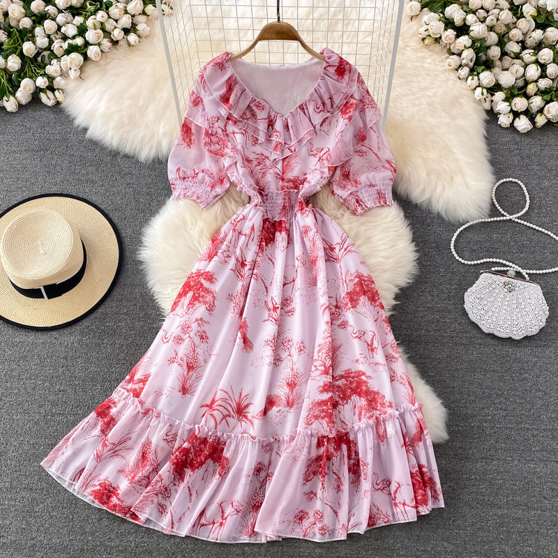 Super Fairy High Waist Slimming Flounce Chiffon Dress