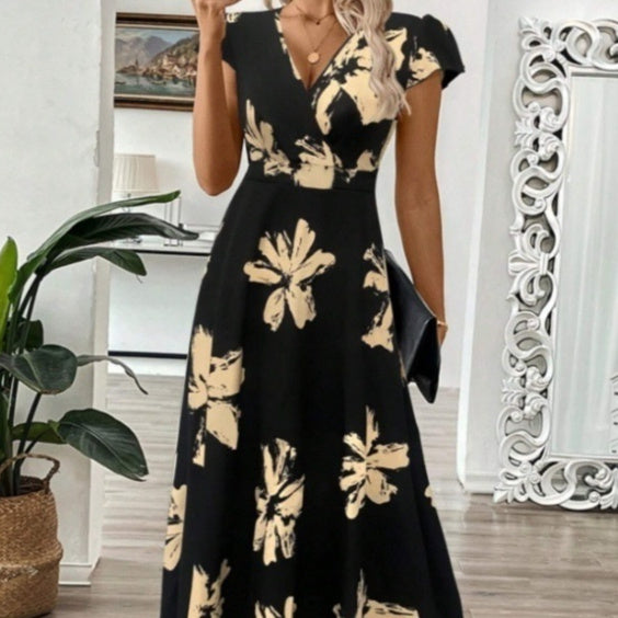 Robe longue élégante d'été pour femmes, avec col en V, imprimée et à manches courtes volants