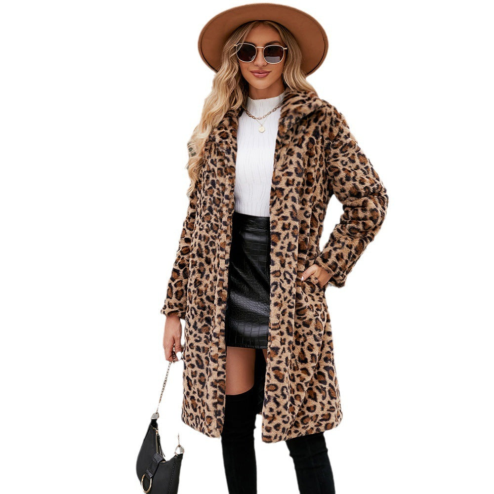 Women's Leopard Print Plush Imitation Fur Lapel Coat