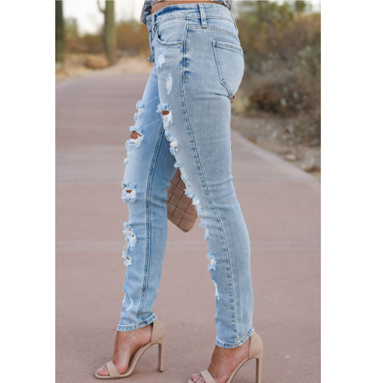 Women's Light Cotton Skinny Pants with Holes Mid Waist