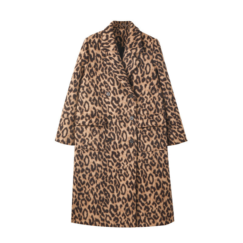 Manteau d'hiver long en laine à imprimé léopard pour femme