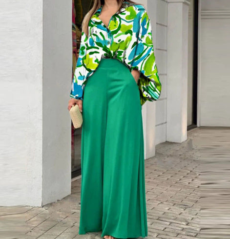 Loose And Elegant Casual Printed Shirt Top Wide Leg Pants Fashion Suit