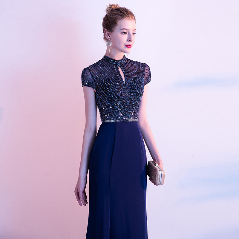 Women's Navy Diamond Banquet Evening Dress, Polyester, Short Sleeve, Long Skirt, Sizes S-XL