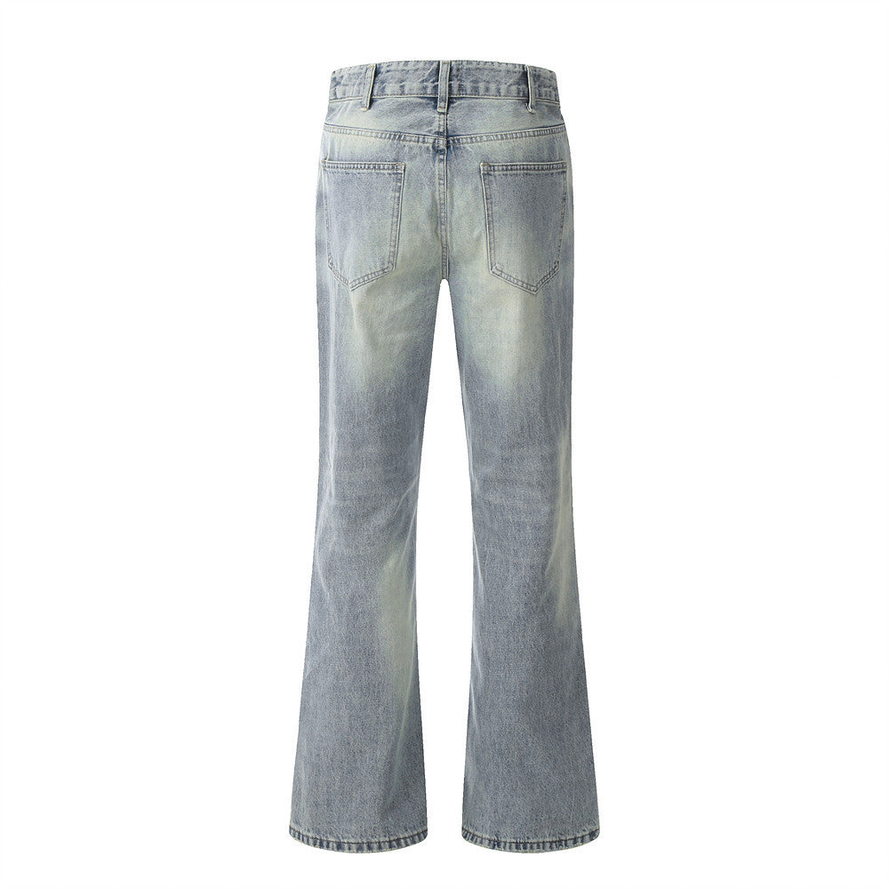 Men's Mid Waist Blue Washed Denim Trousers Ripped Jeans