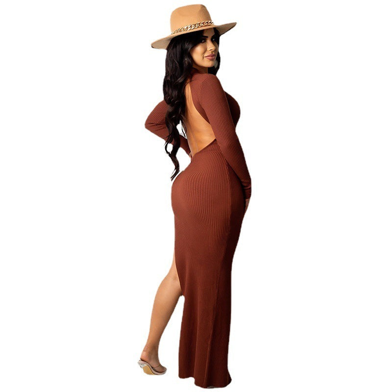 Backless Lapel Dress with Long Sleeves and Slit Midi Skirt