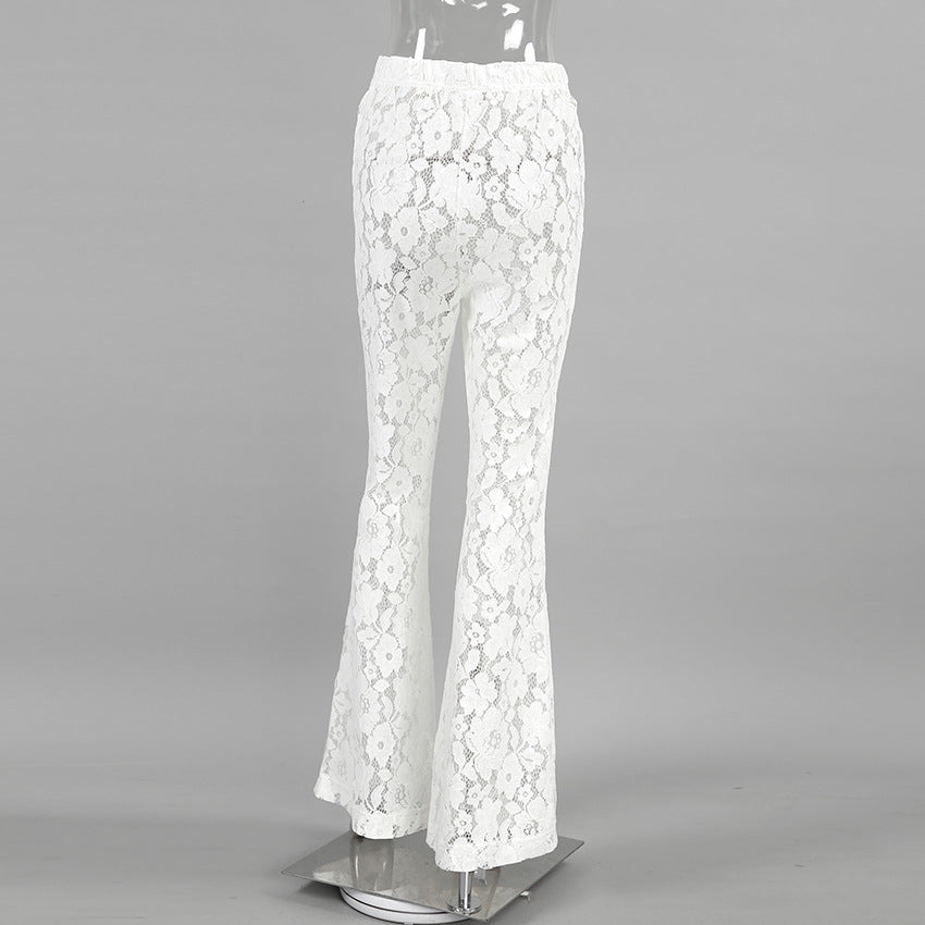 White Cotton Lace Jacquard See-Through High Waist Flared Pants