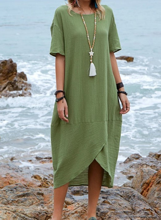 Women’s Green Cotton Linen Maxi Dress Summer Loose Casual Pocket Robe