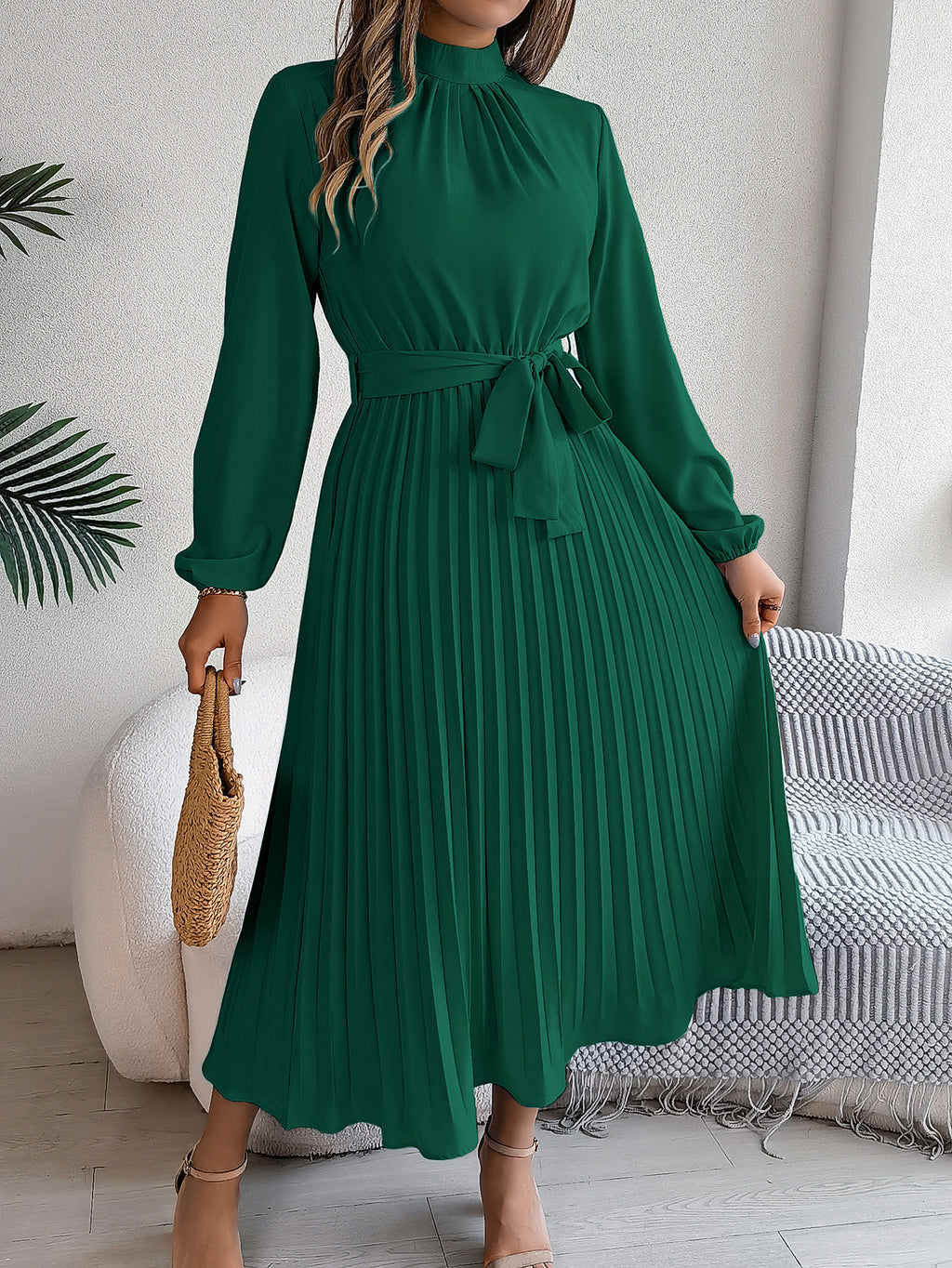 Stand Collar Long Sleeve Cinched Pleated Dress