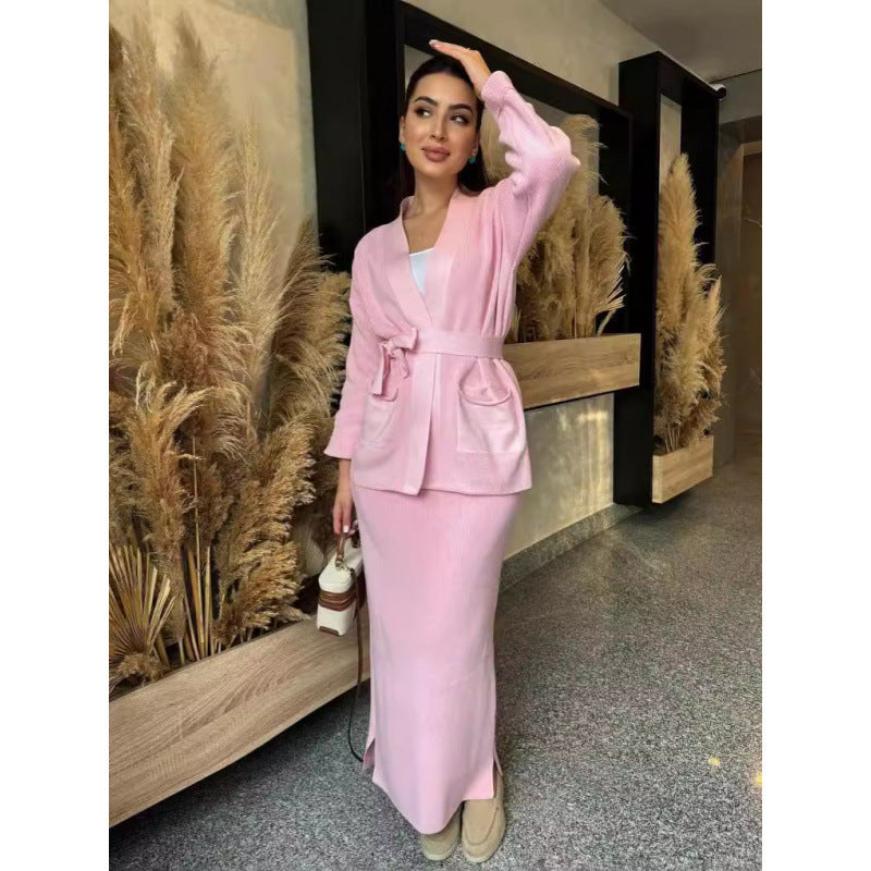 Thermal Knitted Lace-Up Cardigan & Long Skirt Two-Piece Sweater Set