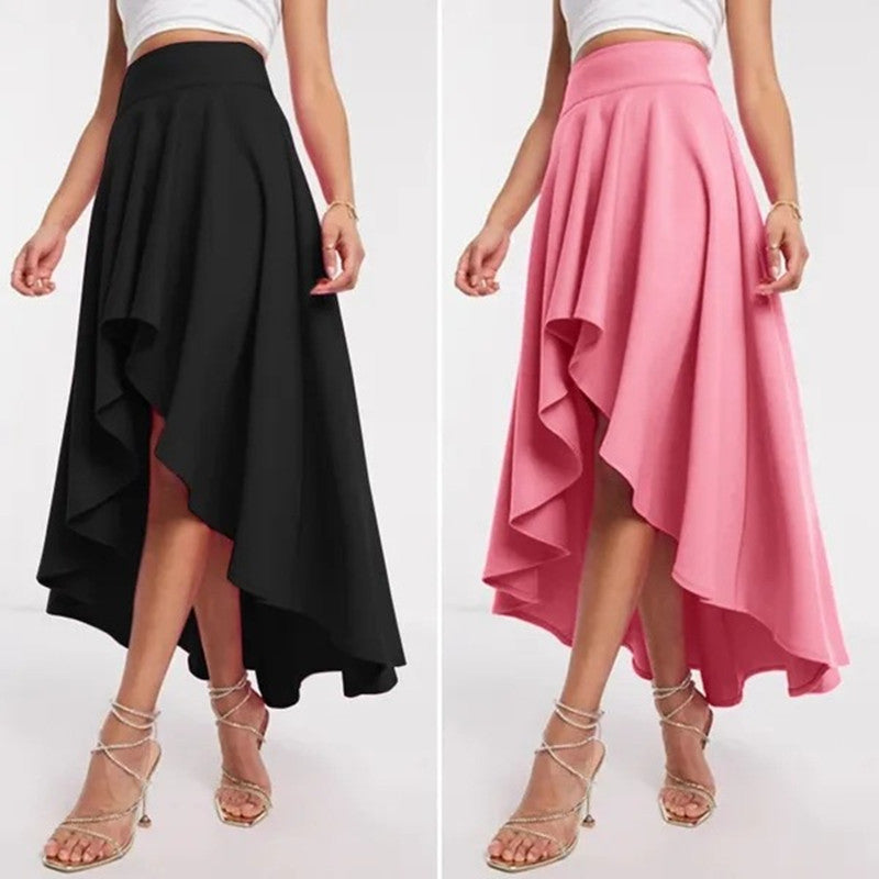 Women's Asymmetric High Waist Mid-Length Skirt in Black & Pink Polyester