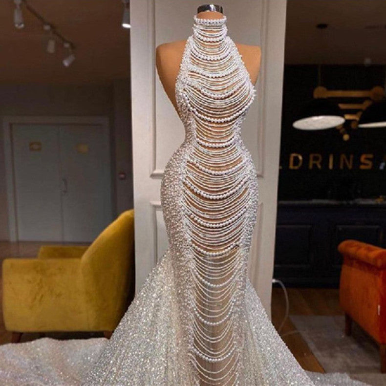 High-Waisted Milky White Fishtail Dress with Pearl Beads for Ladies